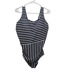 Lands End Woman One Piece Swimming Suit Navy Blue White Striped Size 16W Beach